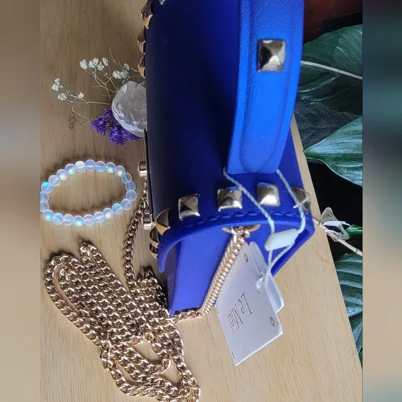 LA MIEL True Blue and Gold Studded Crossbody Bag & Rainbow Moonstone Bracelet. - Picture 4 of 12